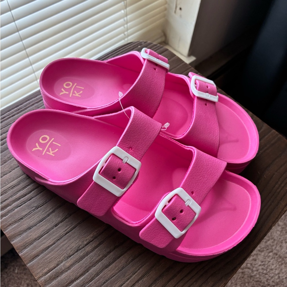 Yoki Hot Pink Slide Sandals with White Buckles